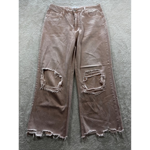 Vervet Denim - Vervet Womens Wide Leg Distressed High Rise Pink Denim Jeans 30 Meas: 31x25
